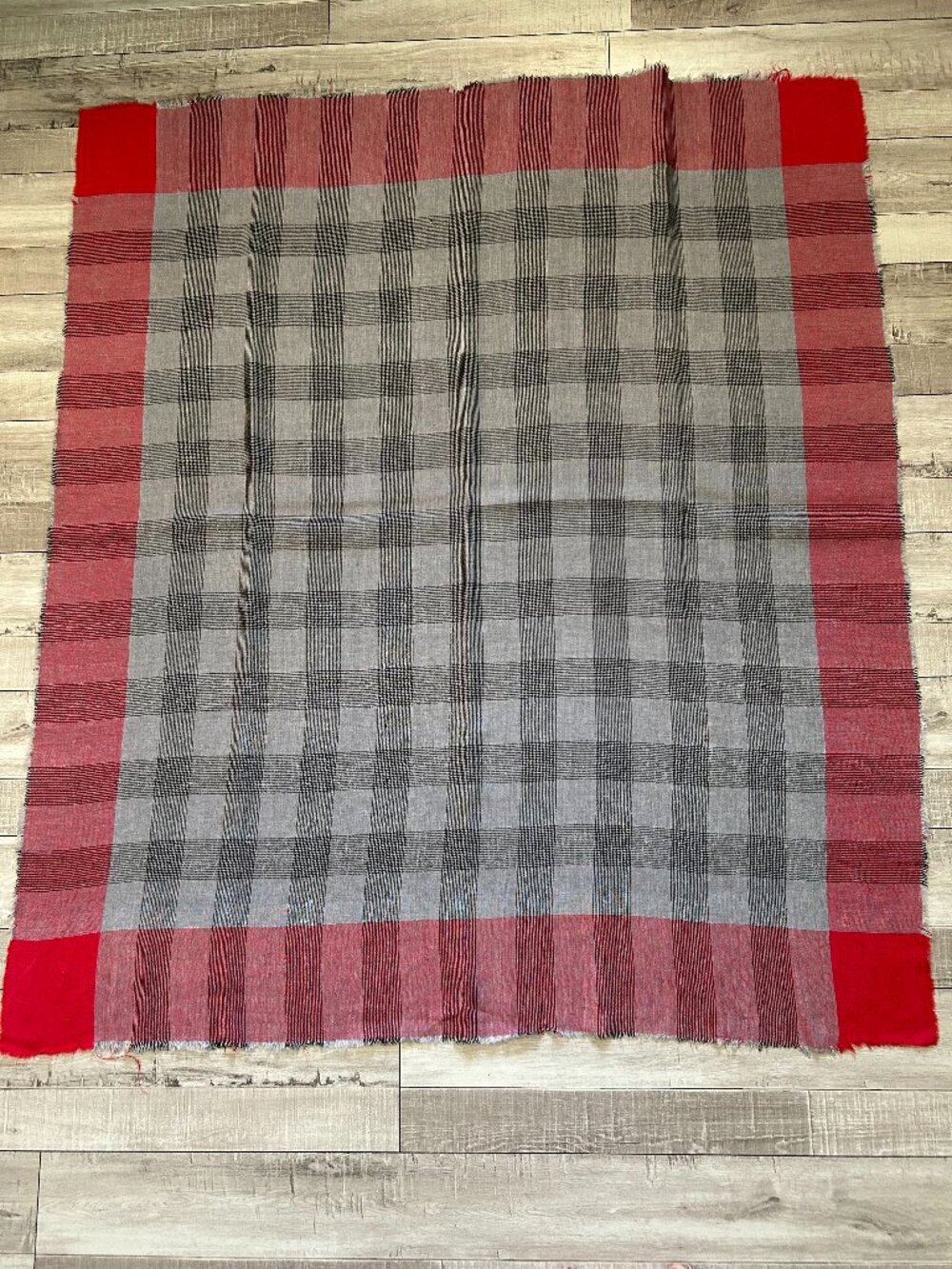 VTG Woven Gray & Red Plaid Tablecloth 54" x 48" Fringed